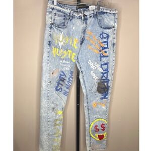 Sacred Crown Sz 40 Mens Graffiti Acid Wash Jeans Blue Distressed Streetwear